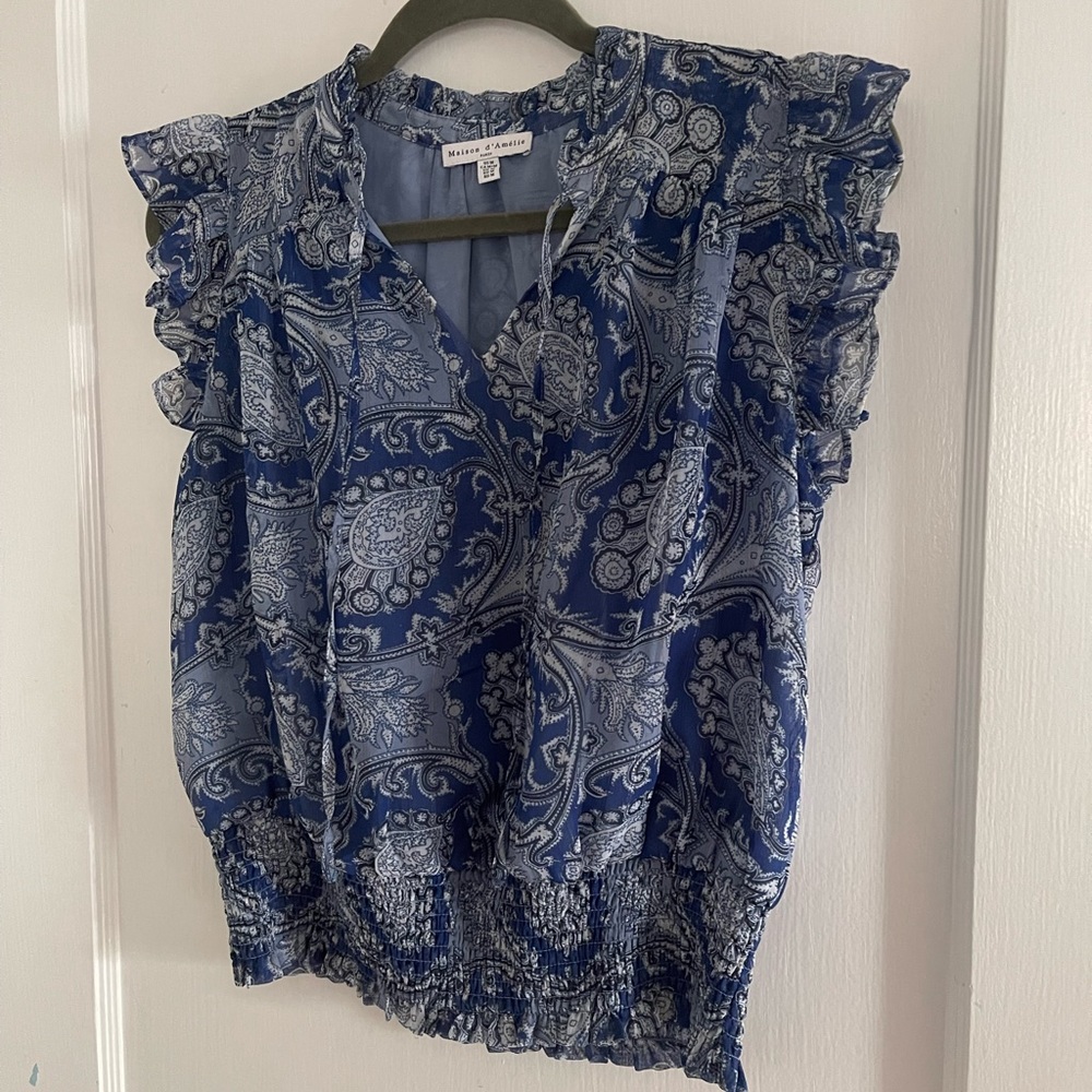 Blue Sleeveless Ruffled Wrap Blouse